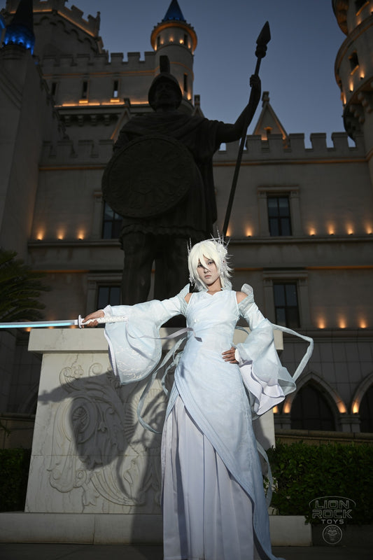 Pale blue long kimono robe cosplay at night