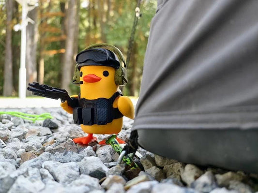 Tactical Duck and Supply Dog Figurines - 3D Printed Gamer Desk Decor | Magnetic Gear Escape Shooter Gaming Gift