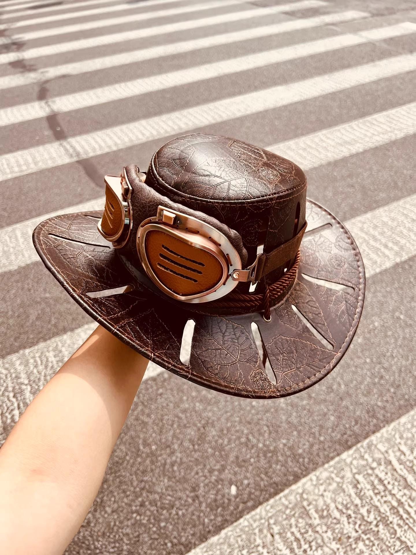 CUSTOM MADE: Real Cowhide Leather Executioner’s Hat - Professional Artisan Tailoring 22-Slot Ventilated Western Hat Premium Leather Goggles
