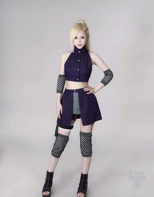 Purple kunoichi cosplay set - crop top, layered skirt, mesh arm and leg sleeves