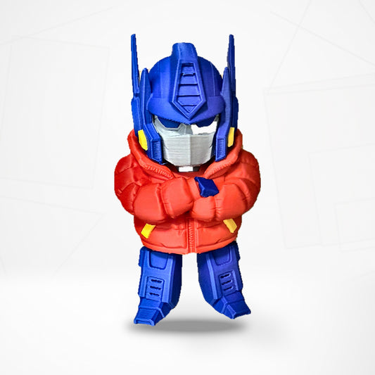 Optimus Prime puffer jacket figure, three-quarter angle