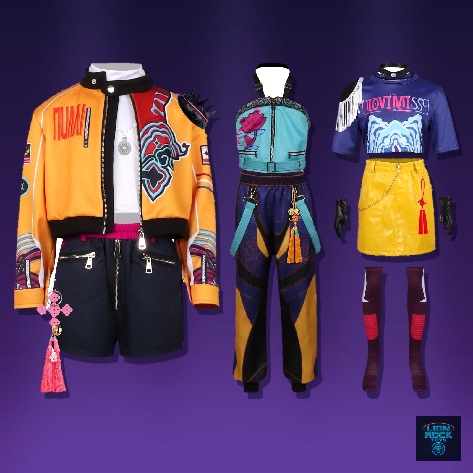 KPop Demon Hunters HUNTR/X cosplay costume set — all three character stage outfits