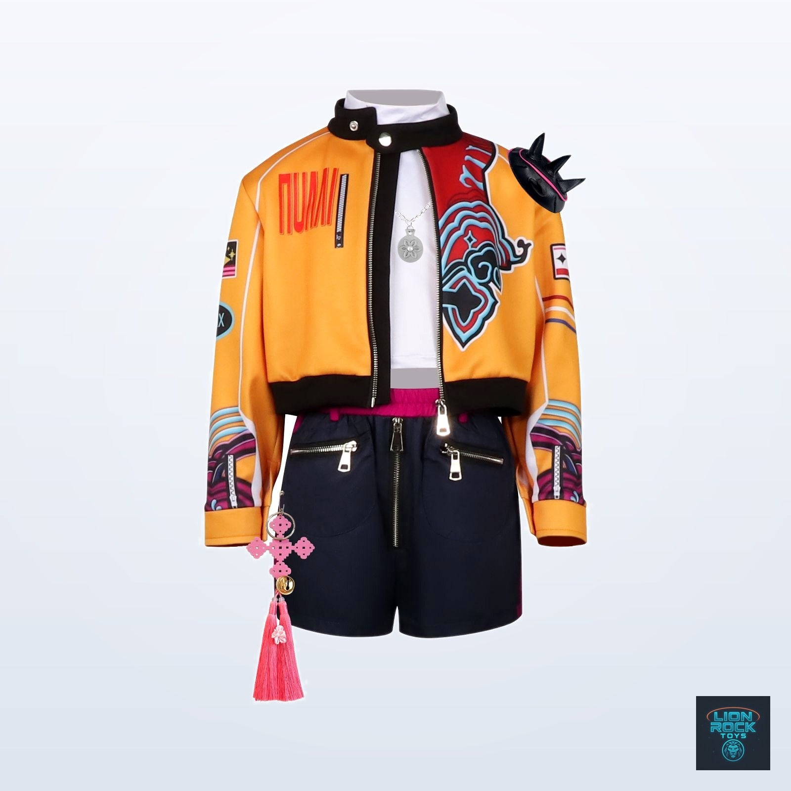 Rumi cosplay costume — orange stage jacket set, front view