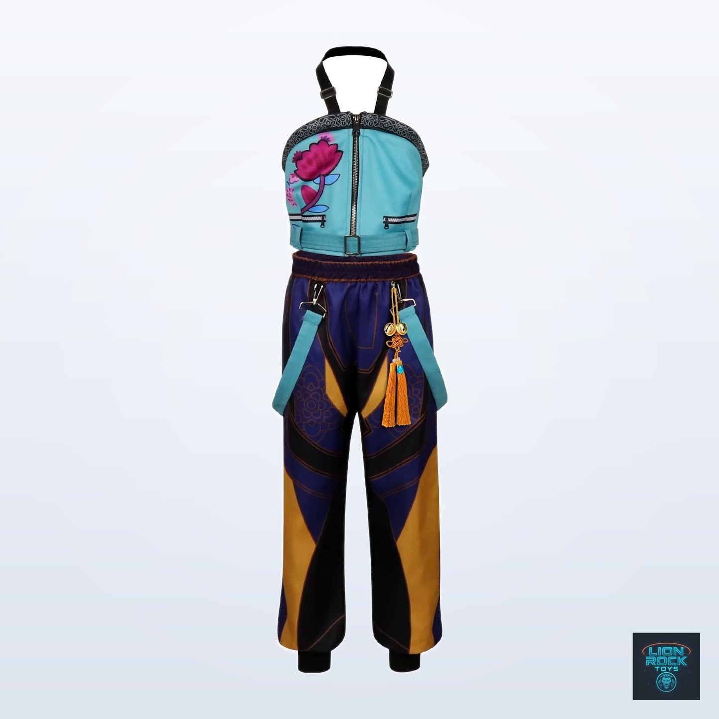 Mira cosplay costume — teal halter top and patterned pants, front view