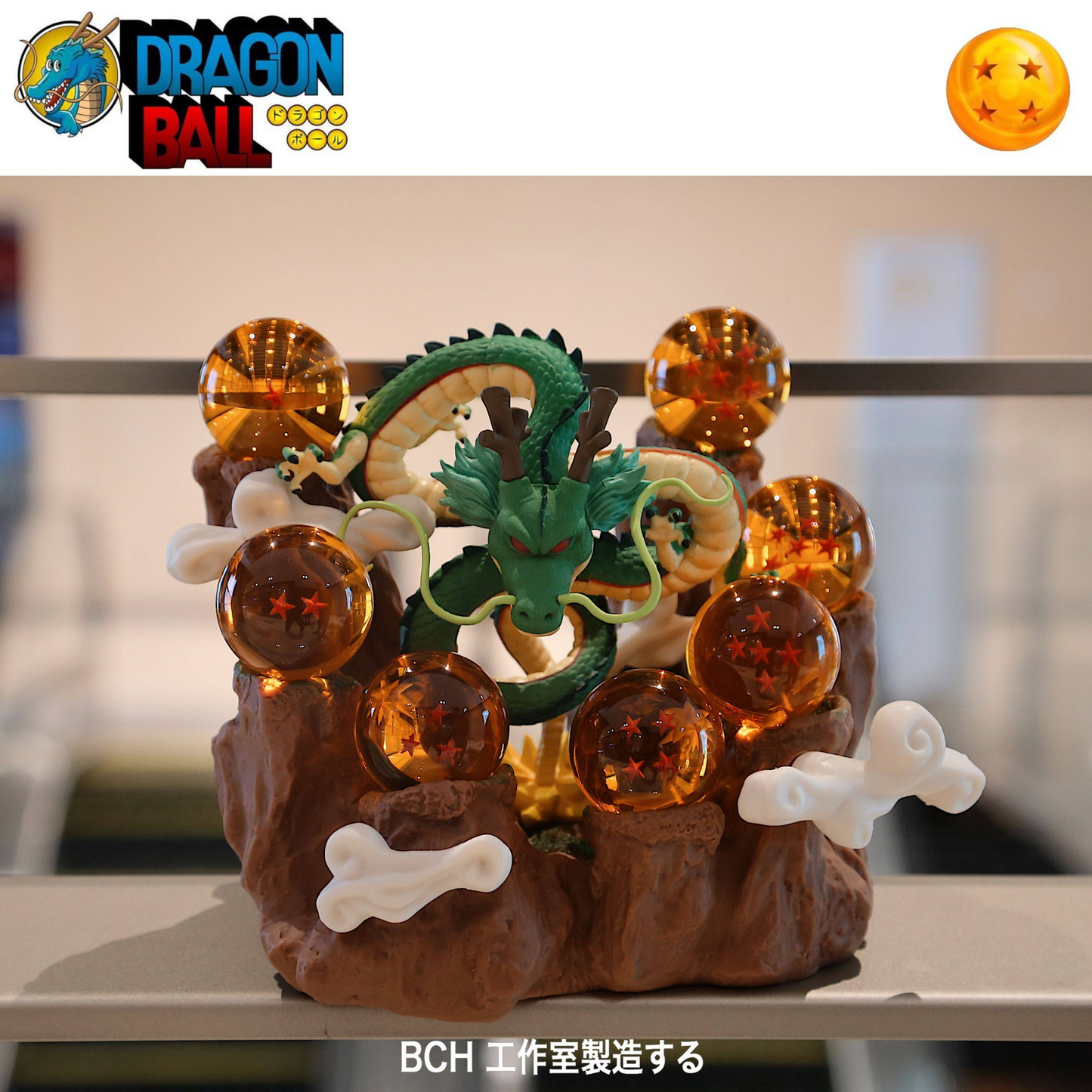 7 Crystal Star Spheres Collection with Mythic Green Dragon Diorama - Celestial Wishing Orbs - 30cm Immortal Dragon Statue