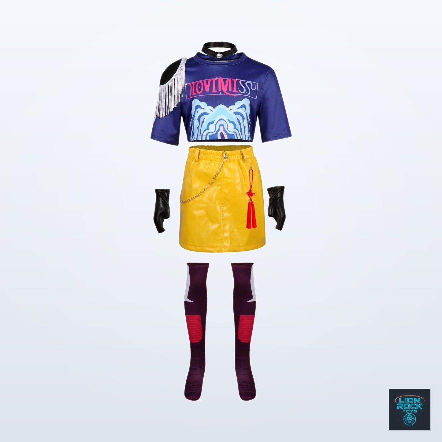 Zoey cosplay costume — graphic top and yellow skirt with gloves and socks, front view