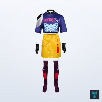 Zoey cosplay costume — graphic top and yellow skirt with gloves and socks, front view