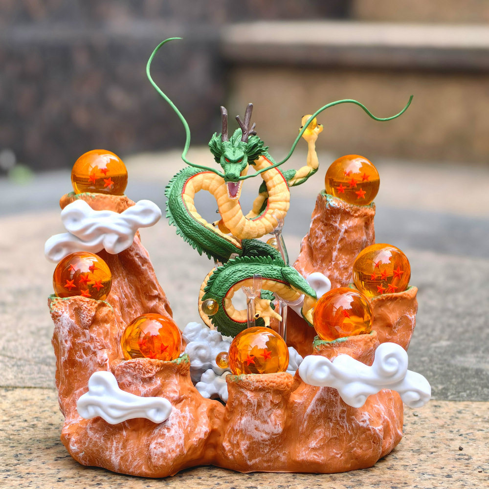 7 Crystal Star Spheres Collection with Mythic Green Dragon Diorama - Celestial Wishing Orbs - 30cm Immortal Dragon Statue