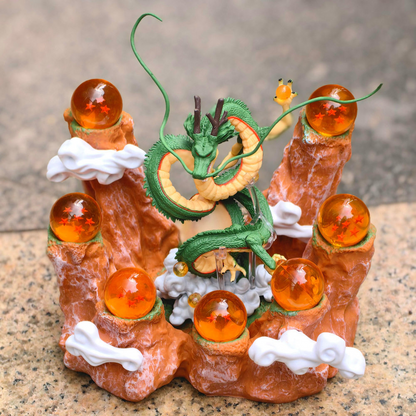 7 Crystal Star Spheres Collection with Mythic Green Dragon Diorama - Celestial Wishing Orbs - 30cm Immortal Dragon Statue