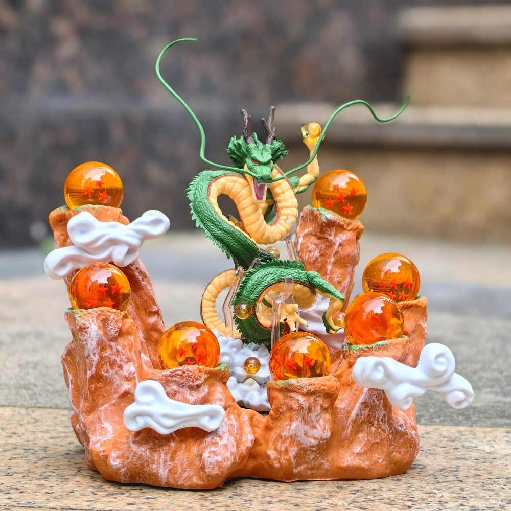 7 Crystal Star Spheres Collection with Mythic Green Dragon Diorama - Celestial Wishing Orbs - 30cm Immortal Dragon Statue