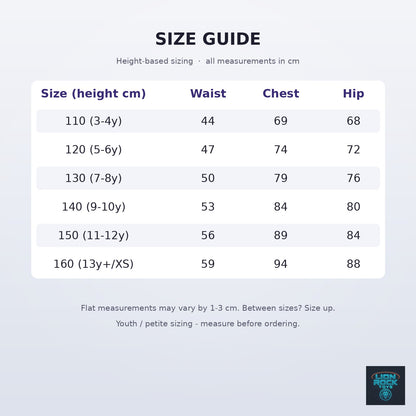 Size guide — height-based sizing chart in cm