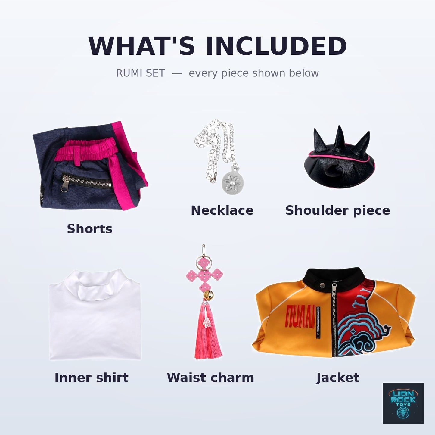 Rumi set — what's included: jacket, inner shirt, shorts, necklace, shoulder piece, waist charm