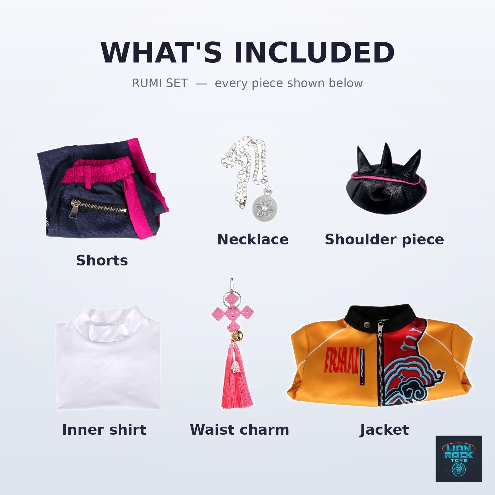 Rumi set — what's included: jacket, inner shirt, shorts, necklace, shoulder piece, waist charm