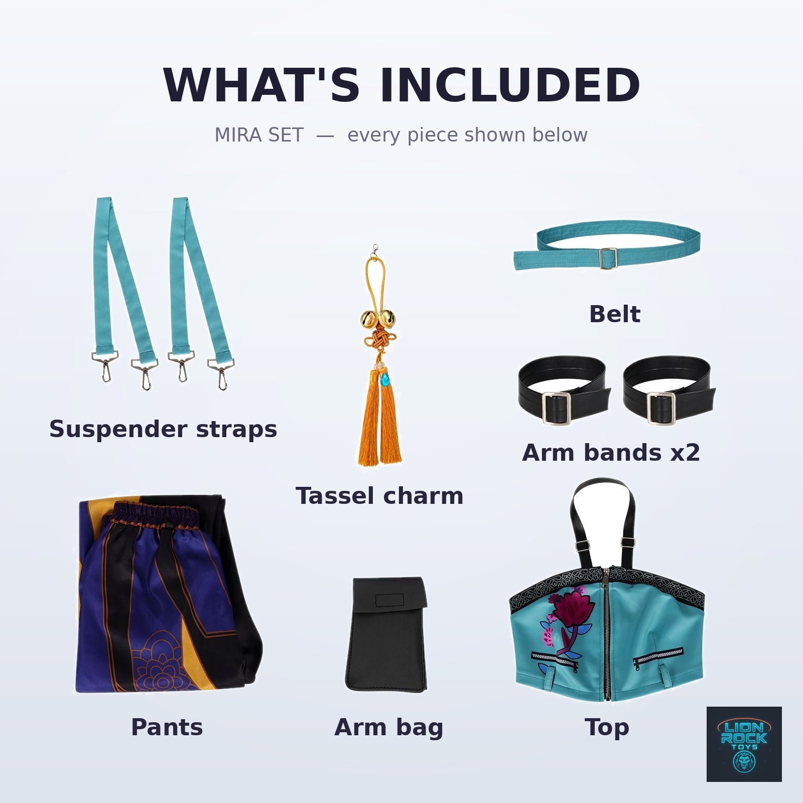 Mira set — what's included: top, pants, belt, arm bands, suspender straps, arm bag, tassel charm
