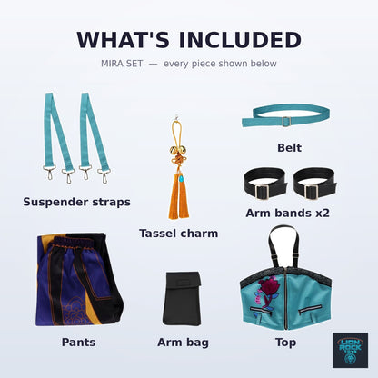Mira set — what's included: top, pants, belt, arm bands, suspender straps, arm bag, tassel charm