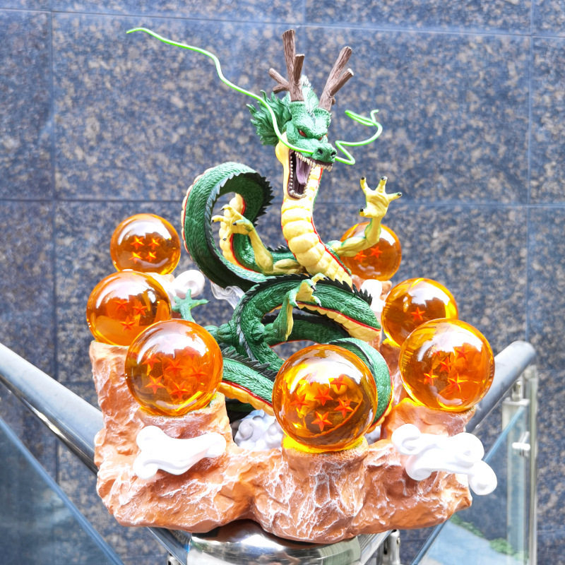 7 Crystal Star Spheres Collection with Mythic Green Dragon Diorama - Celestial Wishing Orbs - 30cm Immortal Dragon Statue
