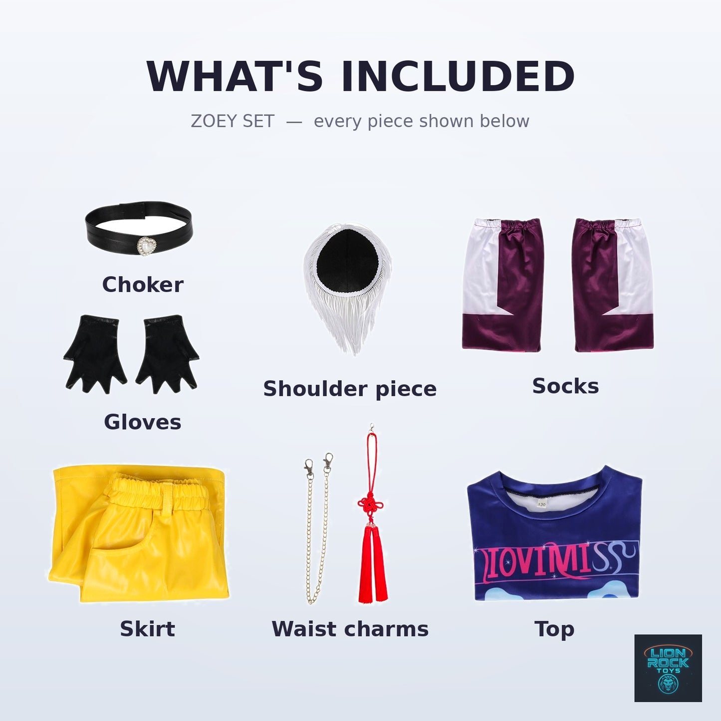 Zoey set — what's included: top, skirt, choker, gloves, socks, shoulder piece, waist charms