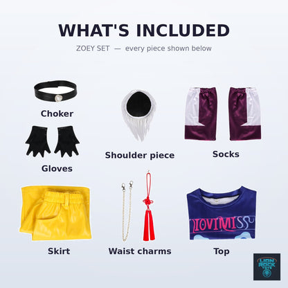 Zoey set — what's included: top, skirt, choker, gloves, socks, shoulder piece, waist charms