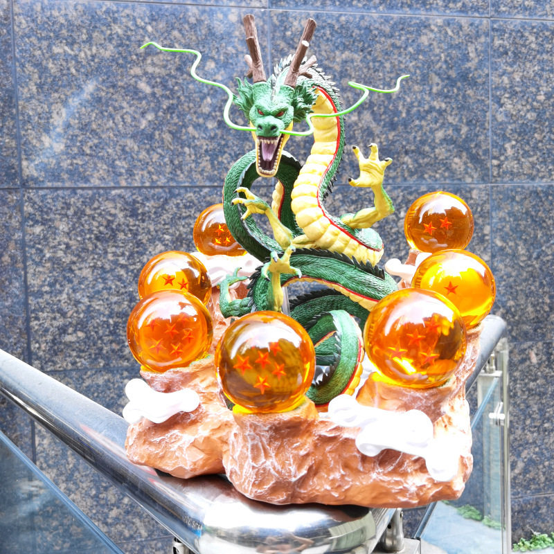 7 Crystal Star Spheres Collection with Mythic Green Dragon Diorama - Celestial Wishing Orbs - 30cm Immortal Dragon Statue