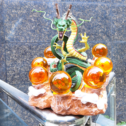 7 Crystal Star Spheres Collection with Mythic Green Dragon Diorama - Celestial Wishing Orbs - 30cm Immortal Dragon Statue