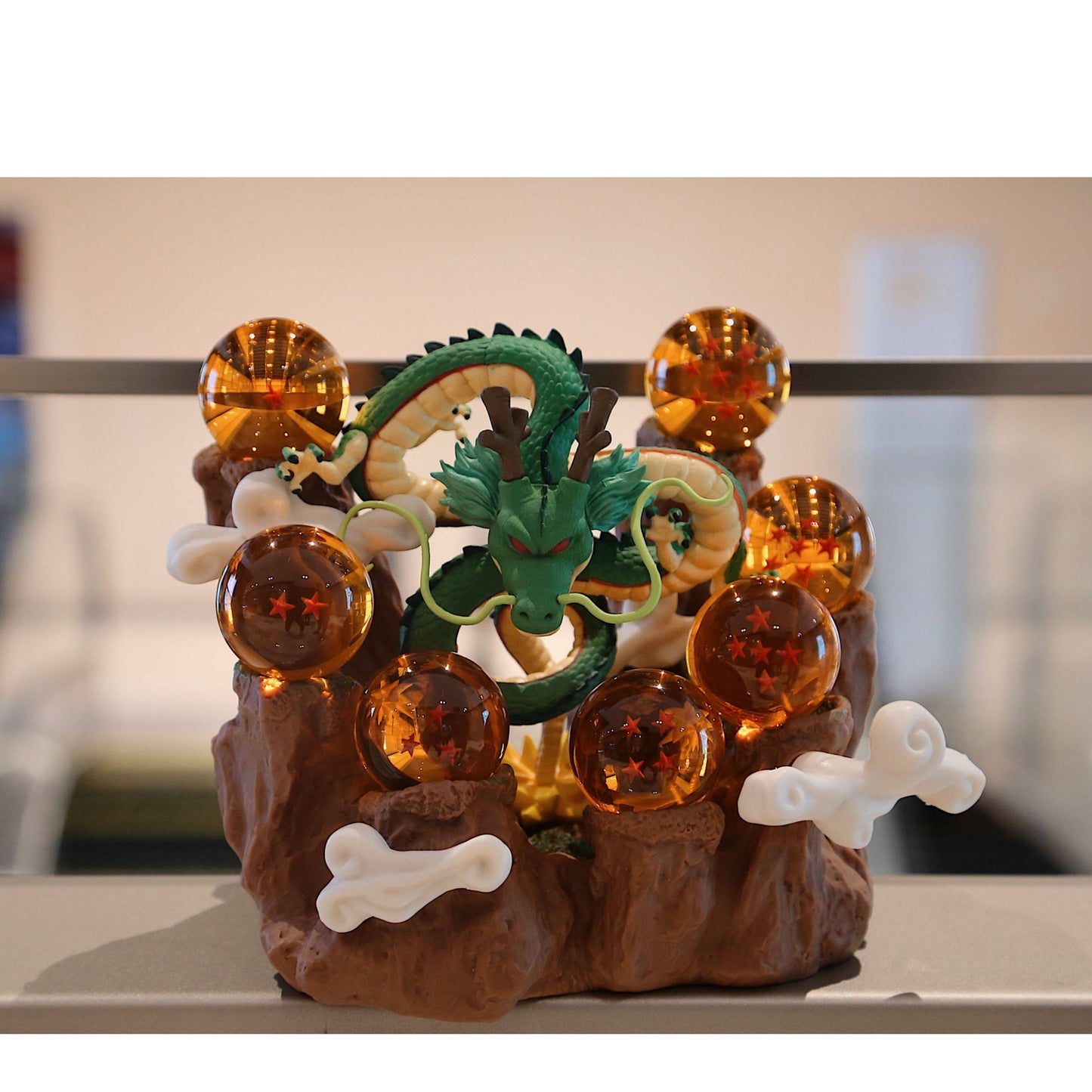 7 Crystal Star Spheres Collection with Mythic Green Dragon Diorama - Celestial Wishing Orbs - 30cm Immortal Dragon Statue