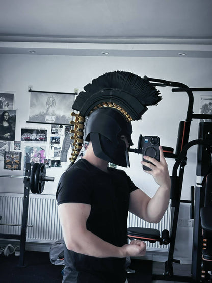 Agamemnon Greek Warrior Helmet — Wearable Corinthian Cosplay Mask with Black Crest and Gold Spine