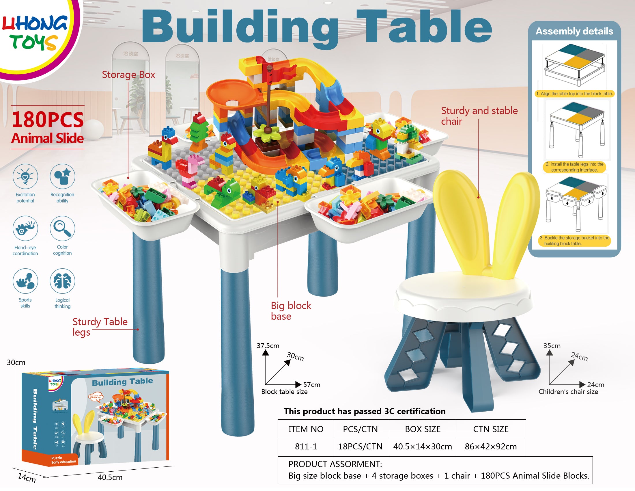 Kids Building Blocks Activity Table & Chairs | 180pcs STEM Set Ages 3 ...