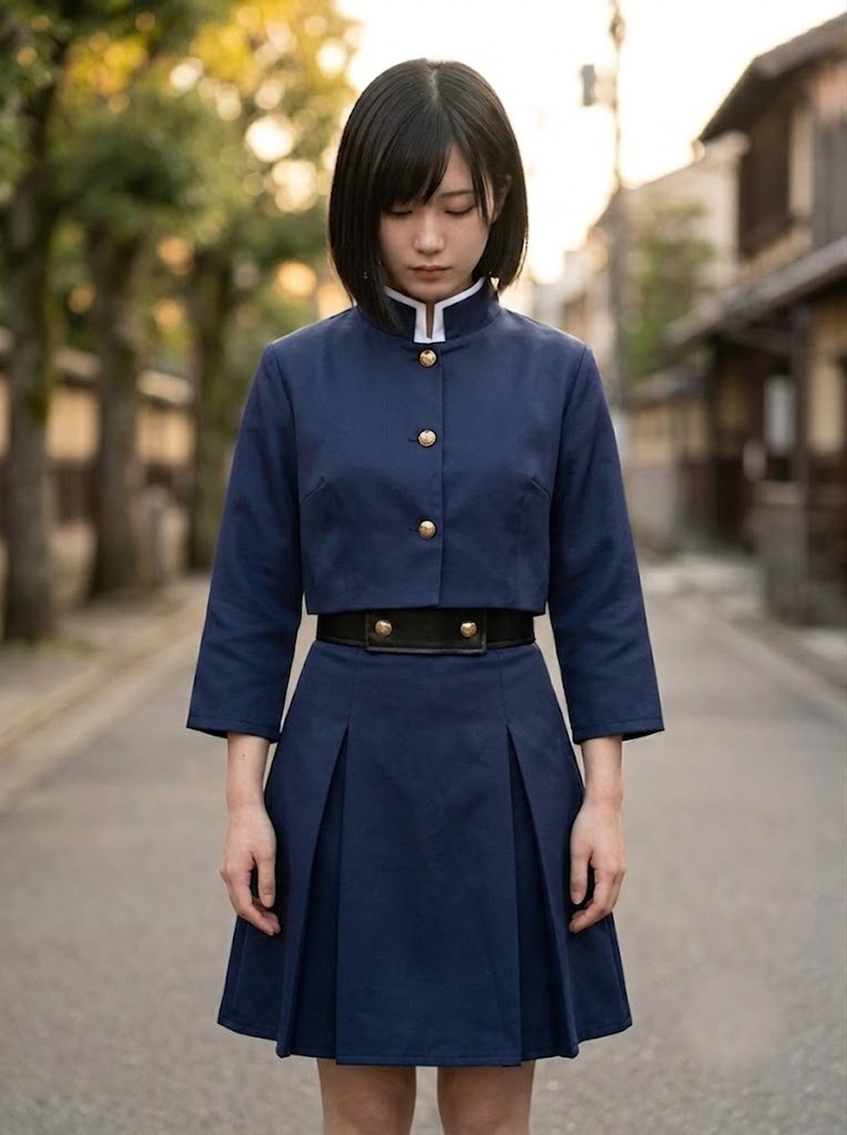 Navy cropped jacket, belt and pleated skirt set worn by model, front view