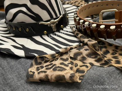 Close-up of zebra-pattern hat and PU 105 cm belt with square buckle; leopard-print scarf not included.