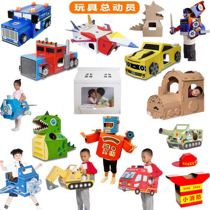 Carton Dinosaur Children's Handmade DIY Carton Car Kindergarten Children Wearable Deformation Toy Airplane Model