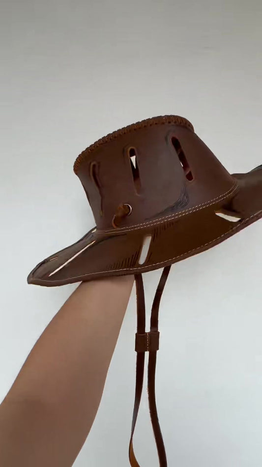 Actual chestnut brown cowhide executioner hat, crown and stitched brim detail from the owner's video; goggles not pictured