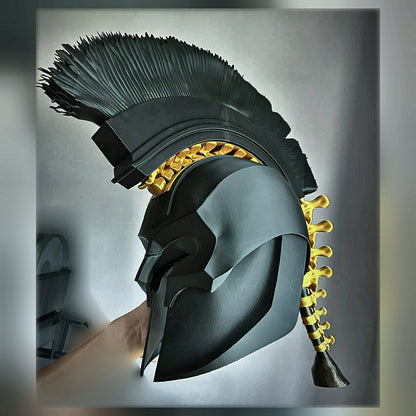 Side profile of the Corinthian helmet showing the nose guard and cheek plates