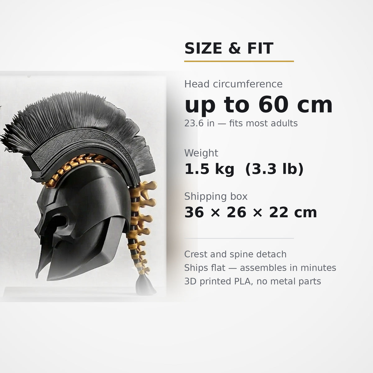 Size card: fits head circumference up to 60 cm, weight 1.5 kg, ships 36 x 26 x 22 cm