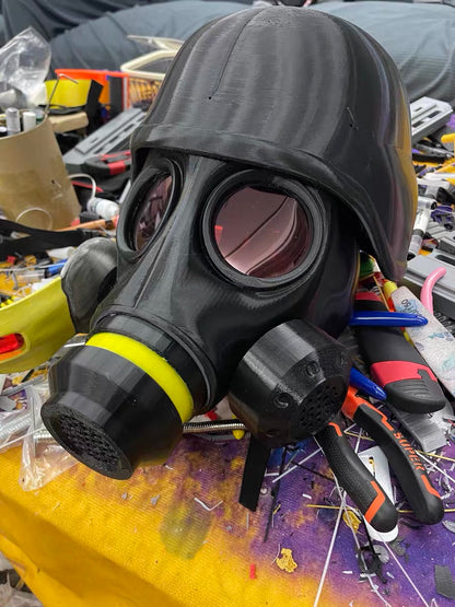 Grim Reaper Tactical Helmet real product photo - front view, dark red lenses, PETG 3D printed