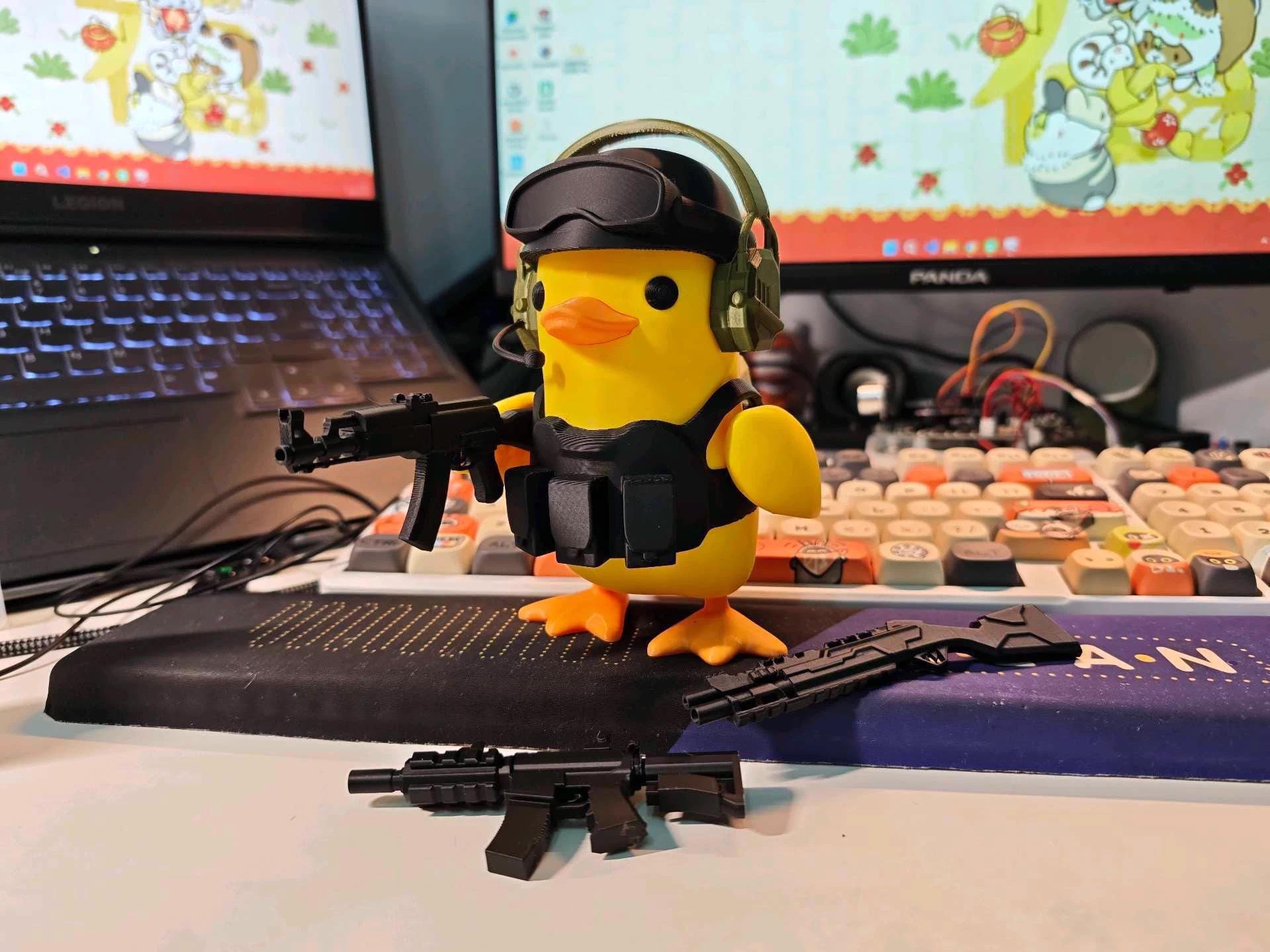 Tactical Duck and Supply Dog Figurines - 3D Printed Gamer Desk Decor | Magnetic Gear Escape Shooter Gaming Gift