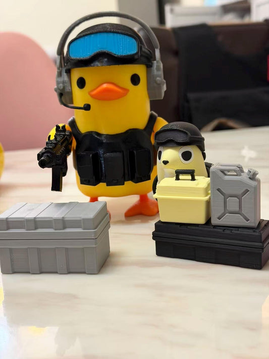 Tactical Duck and Supply Dog Figurines - 3D Printed Gamer Desk Decor | Magnetic Gear Escape Shooter Gaming Gift