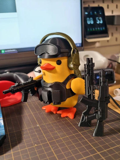 Tactical Duck and Supply Dog Figurines - 3D Printed Gamer Desk Decor | Magnetic Gear Escape Shooter Gaming Gift