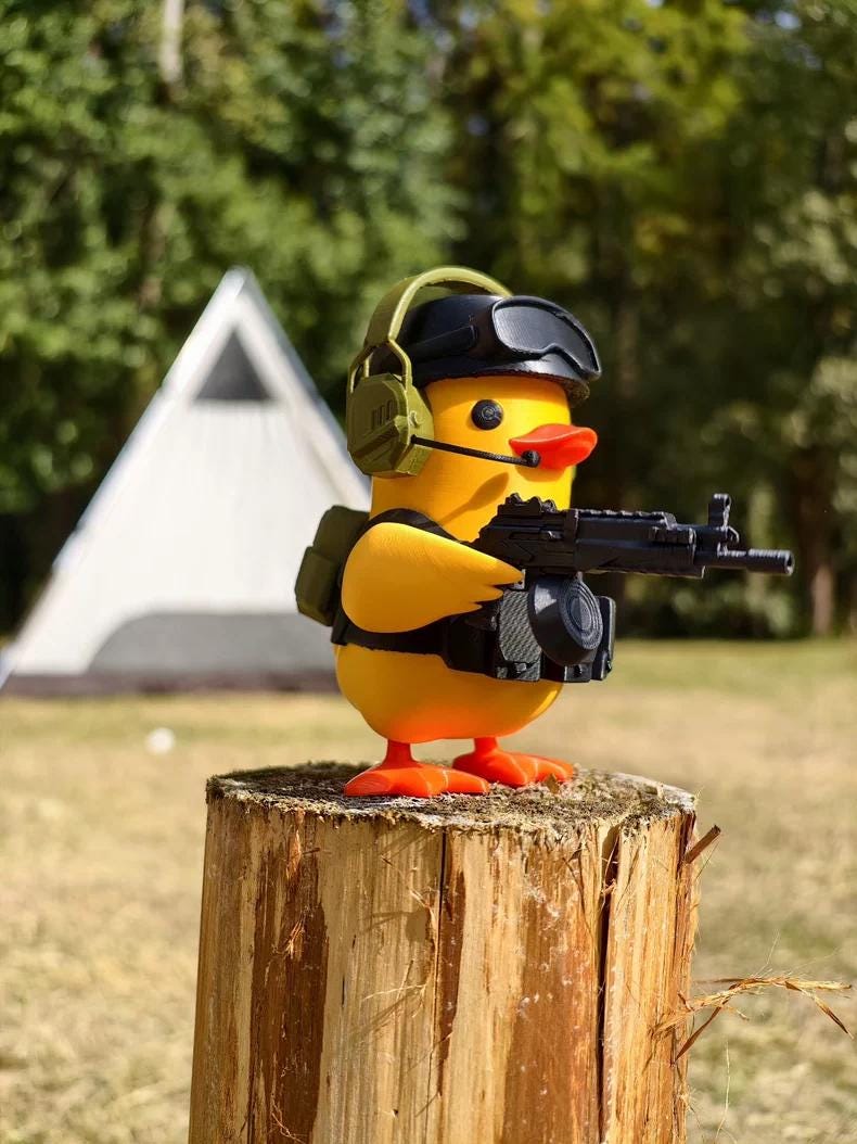 Tactical Duck and Supply Dog Figurines - 3D Printed Gamer Desk Decor | Magnetic Gear Escape Shooter Gaming Gift