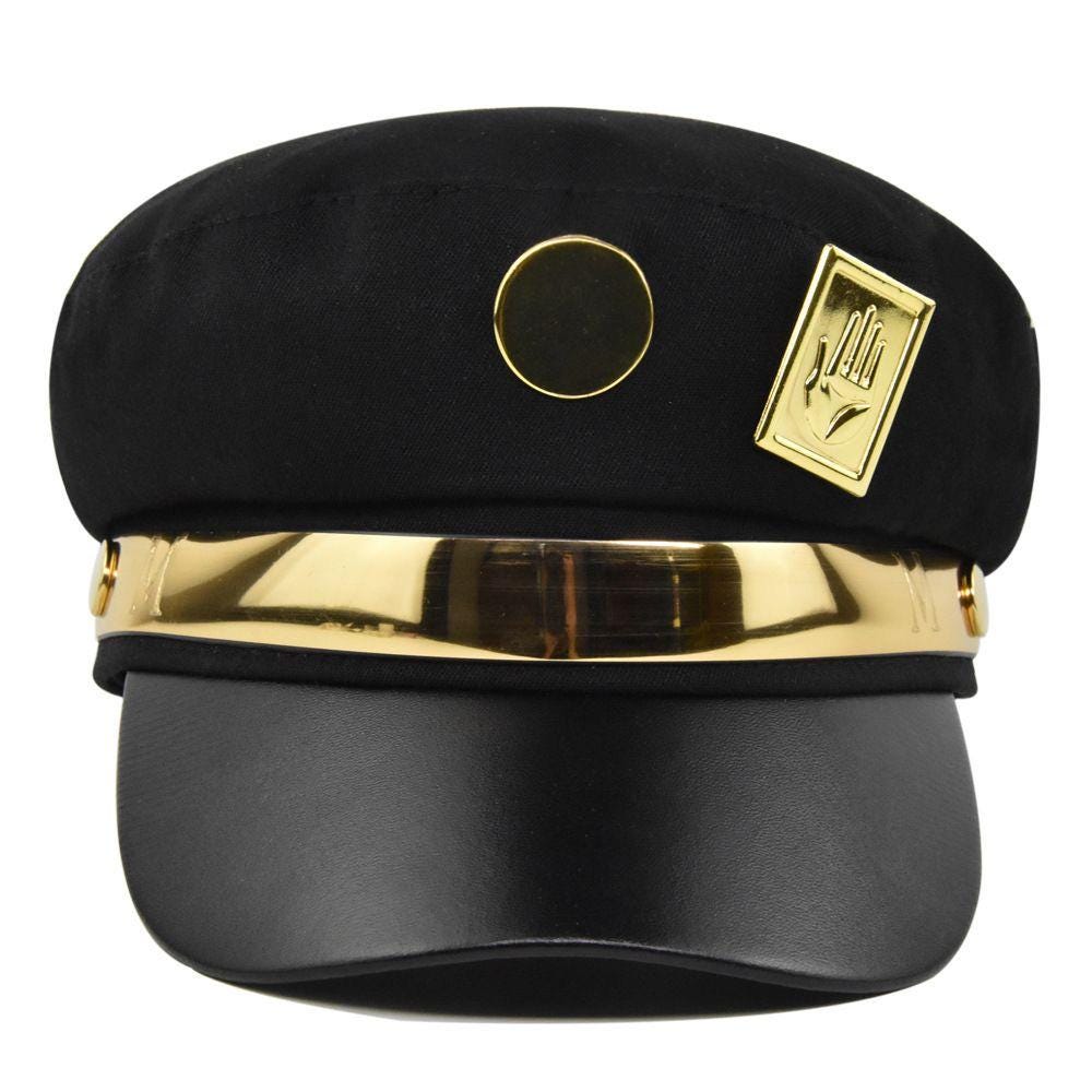 Stardust Delinquent Cosplay Cap - Iconic Anime Sailor Hat with Metallic Hand & Round Emblems, Adjustable Stand User Headwear,Noir Style Prop
