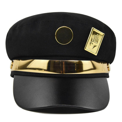 Stardust Delinquent Cosplay Cap - Iconic Anime Sailor Hat with Metallic Hand & Round Emblems, Adjustable Stand User Headwear,Noir Style Prop