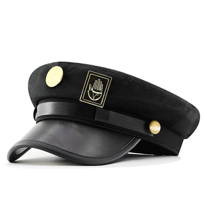 Stardust Delinquent Cosplay Cap - Iconic Anime Sailor Hat with Metallic Hand & Round Emblems, Adjustable Stand User Headwear,Noir Style Prop