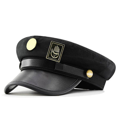 Stardust Delinquent Cosplay Cap - Iconic Anime Sailor Hat with Metallic Hand & Round Emblems, Adjustable Stand User Headwear,Noir Style Prop