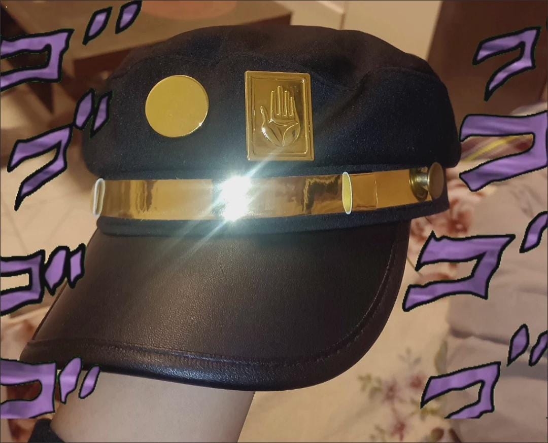 Stardust Delinquent Cosplay Cap - Iconic Anime Sailor Hat with Metallic Hand & Round Emblems, Adjustable Stand User Headwear,Noir Style Prop