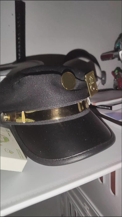 Stardust Delinquent Cosplay Cap - Iconic Anime Sailor Hat with Metallic Hand & Round Emblems, Adjustable Stand User Headwear,Noir Style Prop