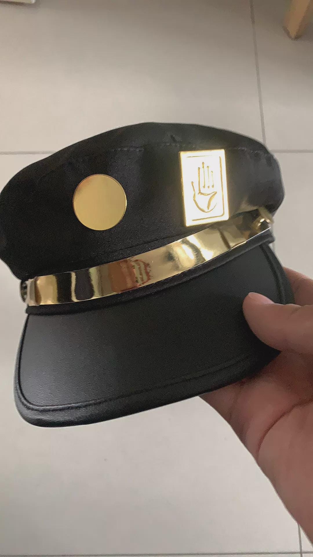 Stardust Delinquent Cosplay Cap - Iconic Anime Sailor Hat with Metallic Hand & Round Emblems, Adjustable Stand User Headwear,Noir Style Prop
