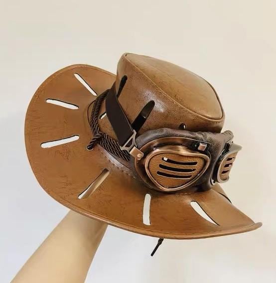 CUSTOM MADE: Real Cowhide Leather Executioner’s Hat - Professional Artisan Tailoring 22-Slot Ventilated Western Hat Premium Leather Goggles