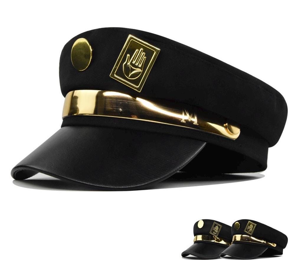 Stardust Delinquent Cosplay Cap - Iconic Anime Sailor Hat with Metallic Hand & Round Emblems, Adjustable Stand User Headwear,Noir Style Prop
