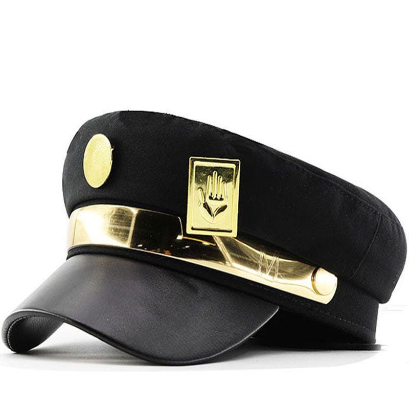 Stardust Delinquent Cosplay Cap - Iconic Anime Sailor Hat with Metallic Hand & Round Emblems, Adjustable Stand User Headwear,Noir Style Prop