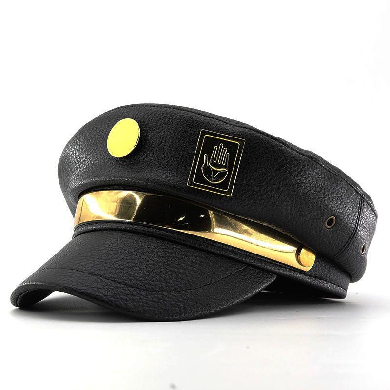 Stardust Delinquent Cosplay Cap - Iconic Anime Sailor Hat with Metallic Hand & Round Emblems, Adjustable Stand User Headwear,Noir Style Prop