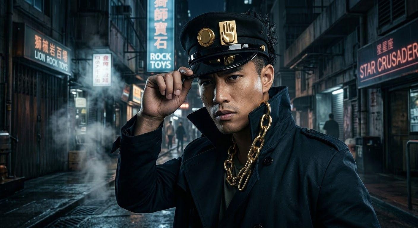 Stardust Delinquent Cosplay Cap - Iconic Anime Sailor Hat with Metallic Hand & Round Emblems, Adjustable Stand User Headwear,Noir Style Prop